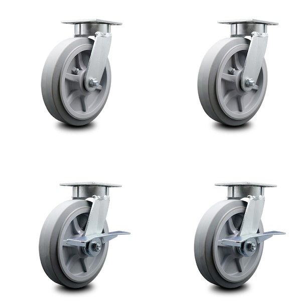 8 Inch Kingpinless Thermoplastic Rubber Wheel Swivel Caster Set with 2 Brakes